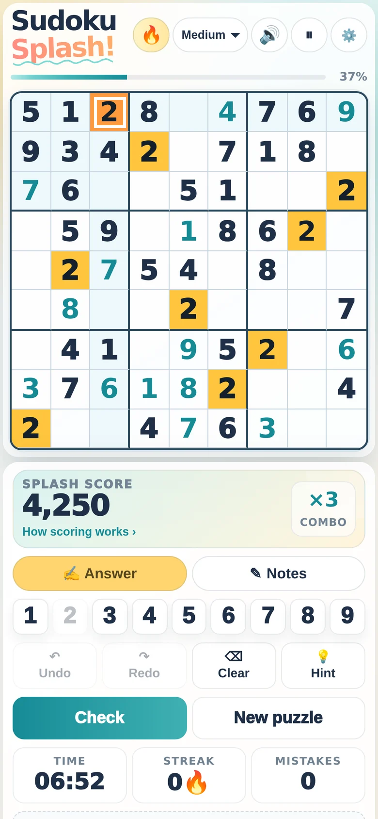 Classic Sudoku mid-game, with every 2 highlighted in gold