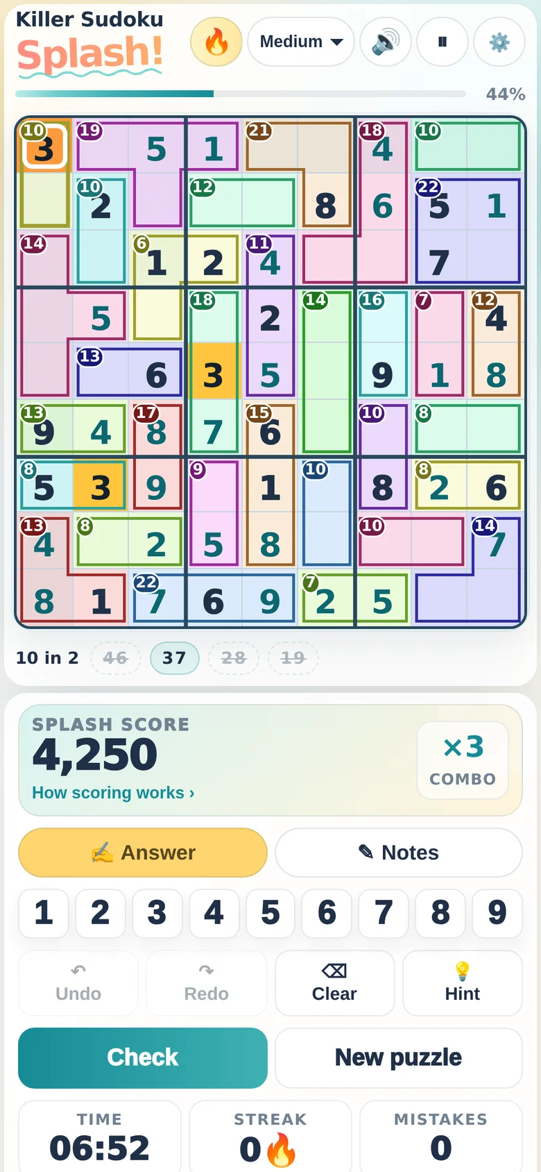 Killer Sudoku with colored cages and cage sums
