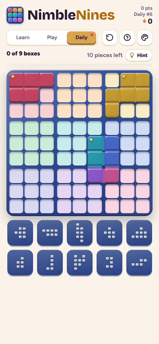 NimbleNines Daily puzzle on a 9 by 9 board