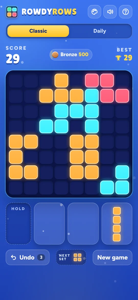 RowdyRows board mid-game with glowing blocks