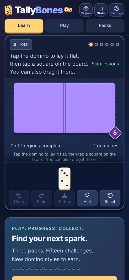 TallyBones lesson showing how to place a domino