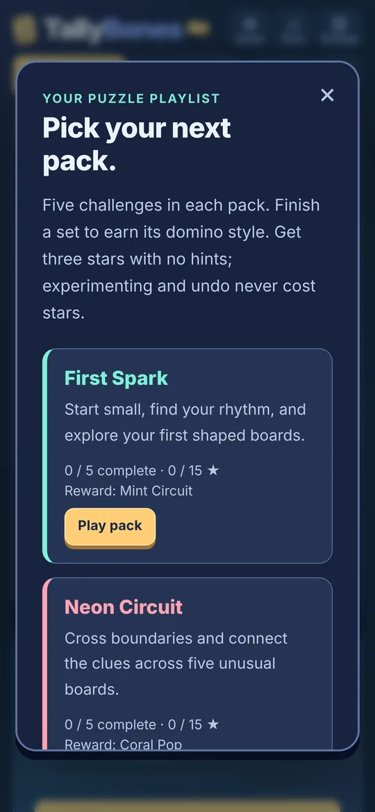 TallyBones puzzle packs screen
