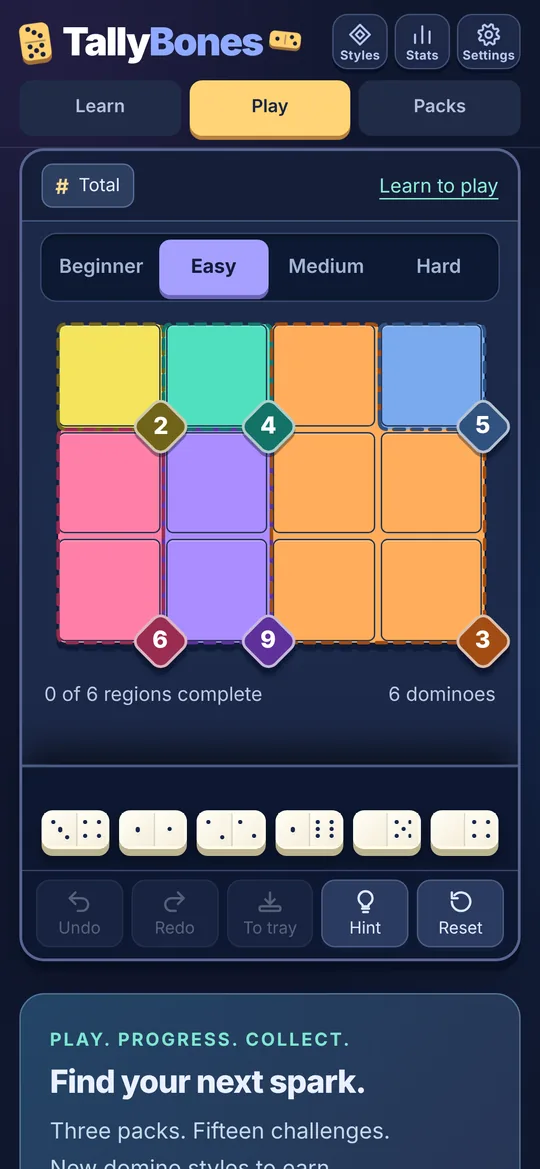TallyBones puzzle board with colored regions and region totals